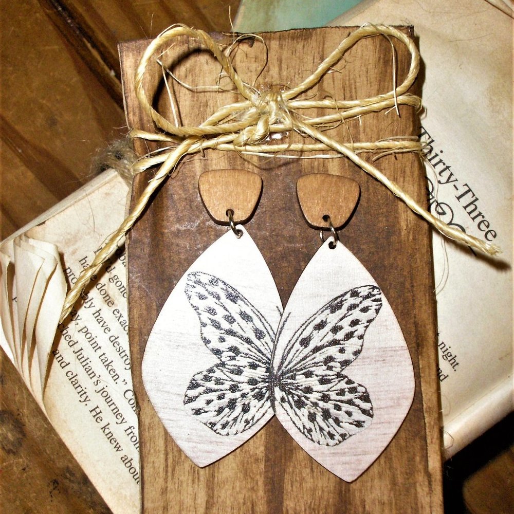 Wood Stamped Butterfly Earrings